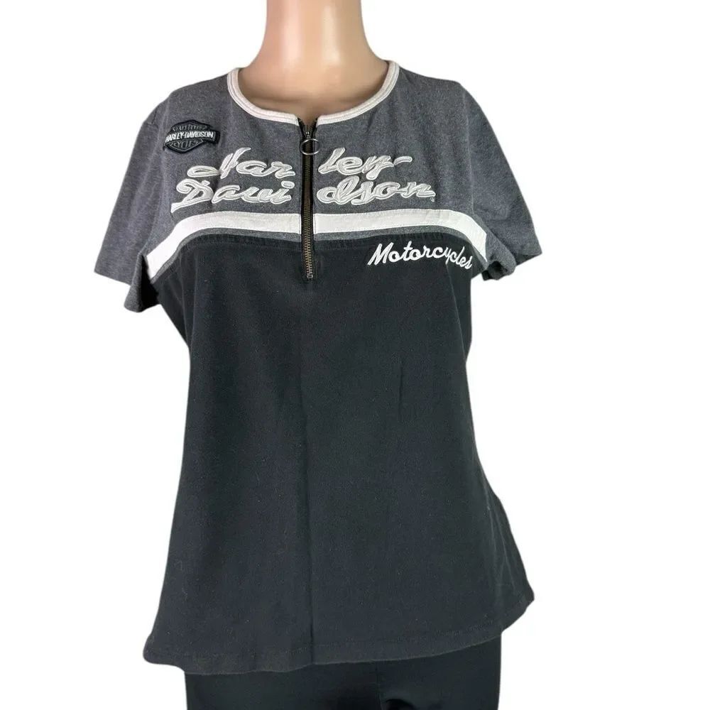 Harley-Davidson Women's Black and Gray Top With Embroidered Letters